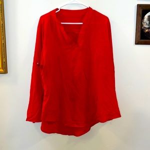 Women’s Long Sleeved Blouse, Red, V Neck, Sleeves can be Tied up to the Elbow